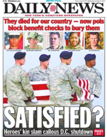 La une du 9 octobre du Daily News sur les conséquences du shutdown pour les funérailles des soldats