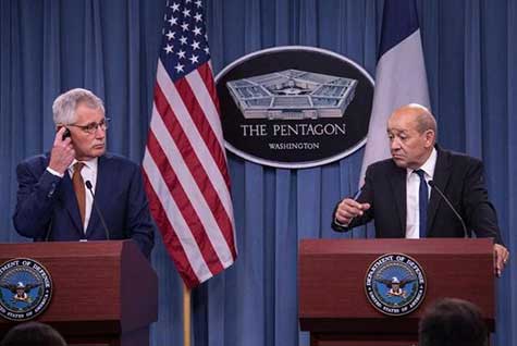 Hagel dit avoir discuté de l'implication de la France en Syrie avec Le Drian. Hagel dit avoir discuté de l’implication de la France en Syrie avec Le Drian