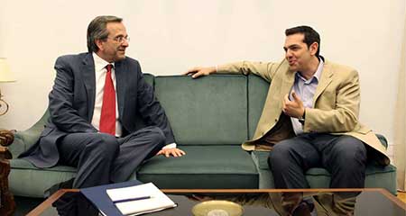 Le Premier ministre conservateur Antonis Samaras avec le président de Syriza Alexis Tsipras.
